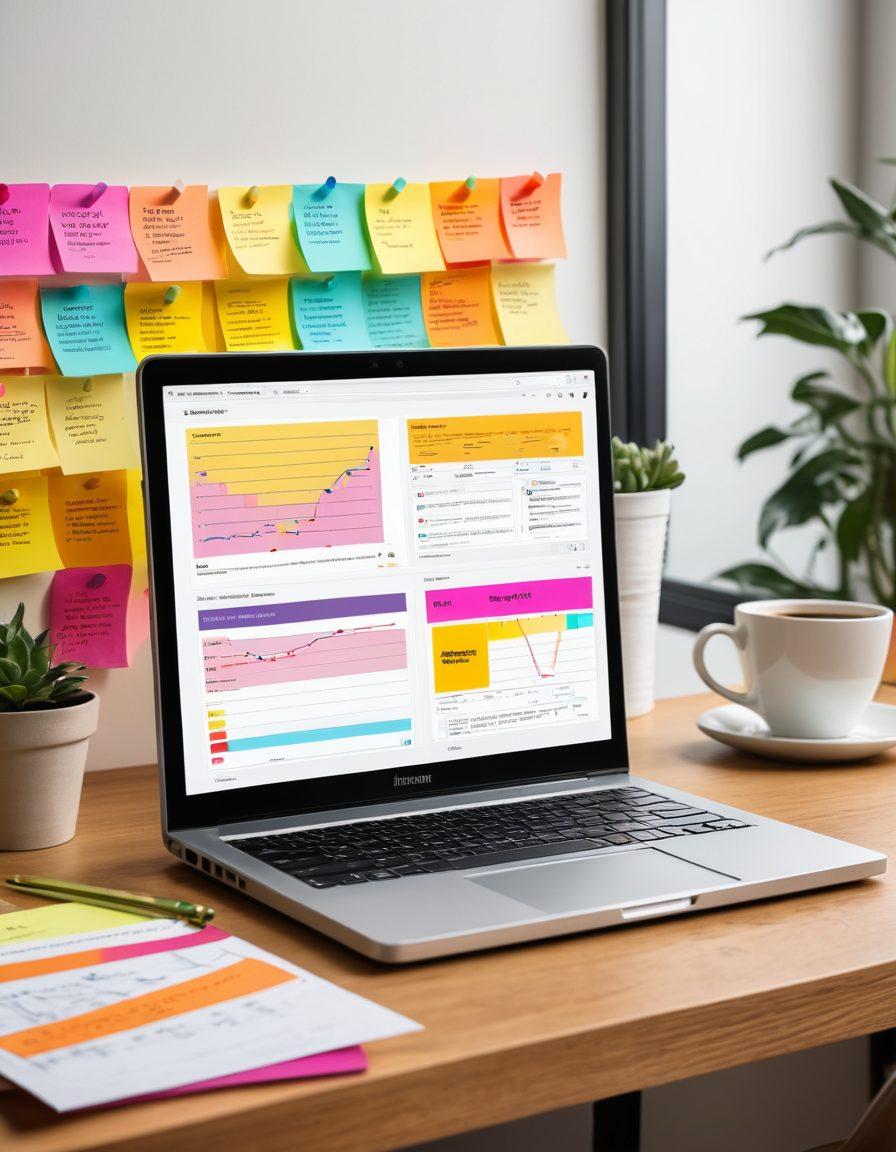 A digital workspace featuring a laptop with an SEO dashboard open, surrounded by colorful sticky notes with article titles. In the background, a vibrant graph showing upward trends symbolizing growth, and an eye-catching light bulb representing creative ideas for article submissions. Include a coffee cup for a cozy vibe. vibrant colors. modern infographic style.