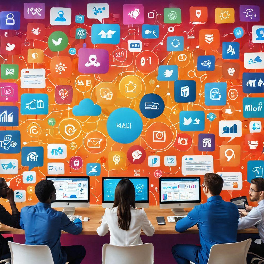 A dynamic digital landscape showcasing a diverse group of professionals collaboratively strategizing over a vibrant digital board filled with blog posts, analytics, and distribution channels. Include elements symbolizing various platforms like social media icons and email icons radiating from the blog posts, emphasizing interconnectedness and teamwork. Use bright, engaging colors to convey energy and creativity. modern illustration. vibrant colors. 3D.